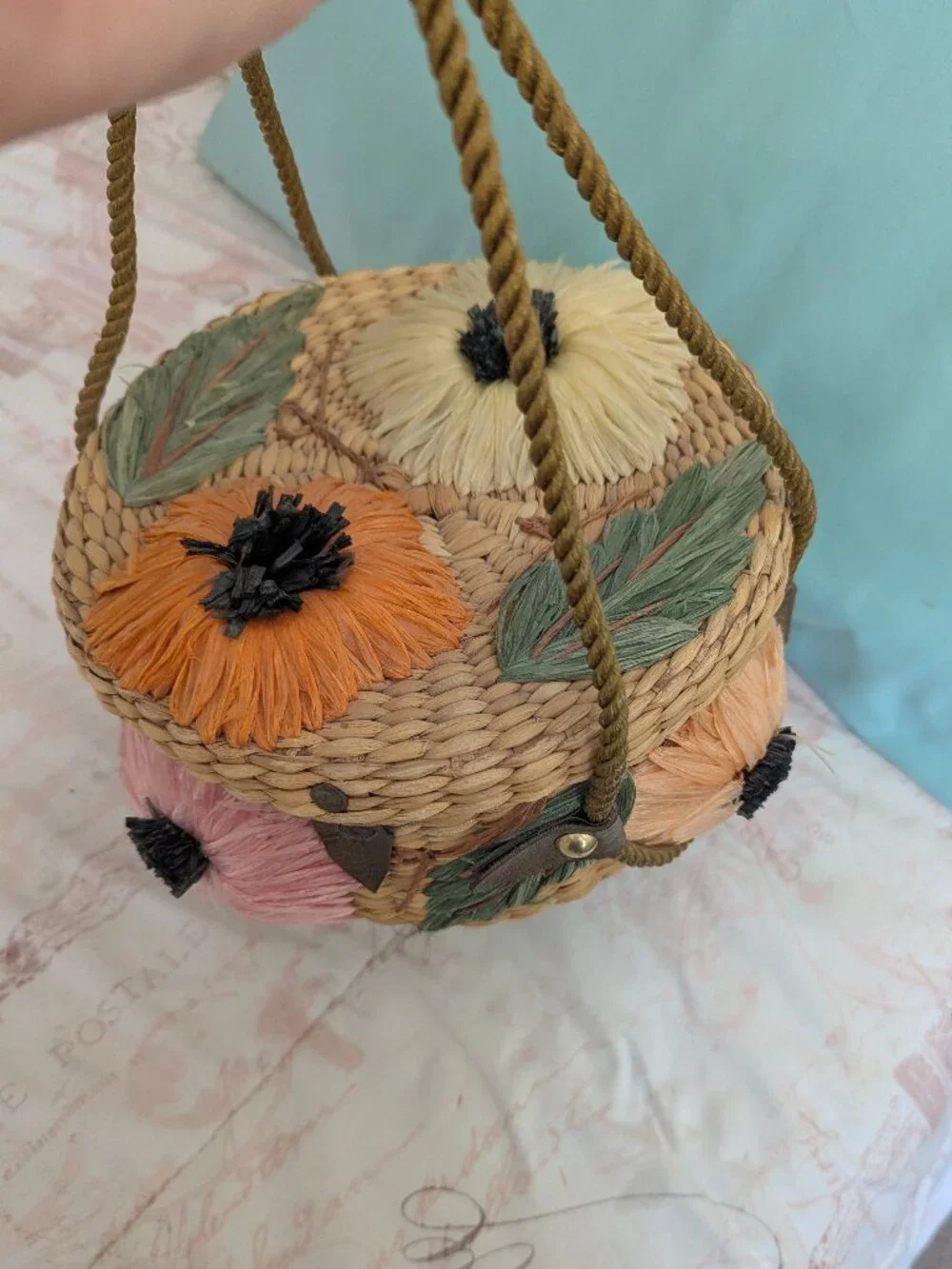 Vintage Floral Wicker And Straw Purse By Ponces Creations Philippines, 50's-60's - Picture 12 of 15